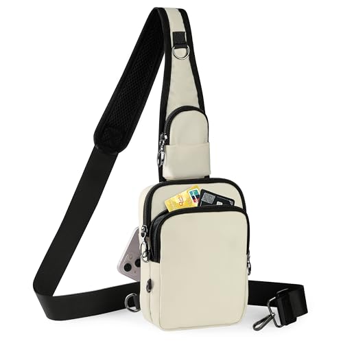 Anti-Theft Crossbody Sling Bag, RFID Blocking, Zipper Lock, Small - color: Beige