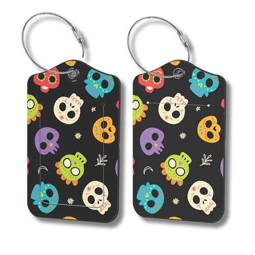 Luggage Tags for Suitcases, 2-Pack PU Leather for Cruise & Travel, Baggage ID Tags with Privacy Cover & Address Card, Durable Metal Ring, Kids Adults Travel Accessories, Sugar Skulls - color: Sugar Skulls