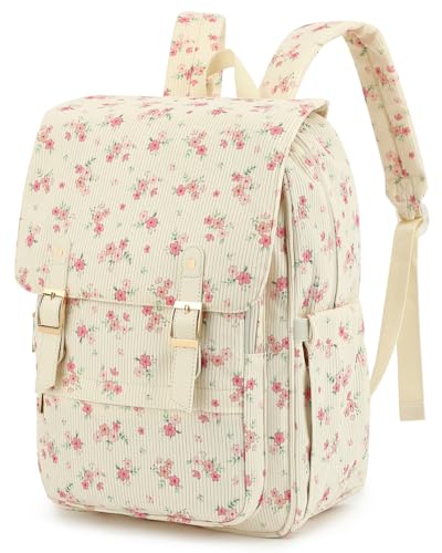 Corduroy Laptop Backpack for Women, Fits 15.6 Inch Computer Bag, College High School Bookbag Travel Daypack Purse, Work Business Bags - Beige Corduroy Floral Pink - color: Corduroy Flowers Pink 1