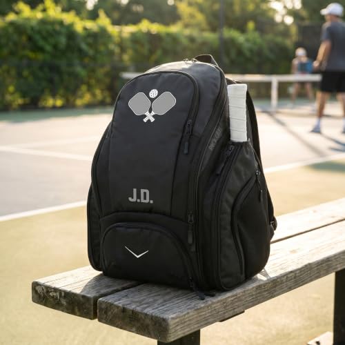 Personalized Pickleball Backpack - Large Pickle Ball Bag with Shoe Compartment, Fence Hook, Paddle Holder - Gifts for Men & Women - color: All Black