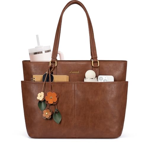 LOVEVOOK Work Tote Bag for Women with Floral Charm, Vintage Leather 15.6 Inch Laptop Bag with Large Cup Holder, Teacher Nurse Medical Professional Computer Bag, Office Briefcase Handbag Gift - color: Brown, size: 15.6 Inch-With Charm