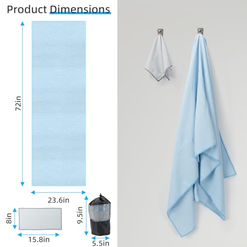 YESLIFE Non-Slip Extra Thick Hot Yoga Towel with One Sweat Towel, Microfiber Sweat Absorbent Yoga Mat Towel with Grip Dot, Pilates Mat, 72" x 24", Light Blue - color: Light Blue