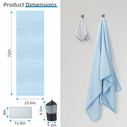 YESLIFE Non-Slip Extra Thick Hot Yoga Towel with One Sweat Towel, Microfiber Sweat Absorbent Yoga Mat Towel with Grip Dot, Pilates Mat, 72" x 24", Light Blue - color: Light Blue
