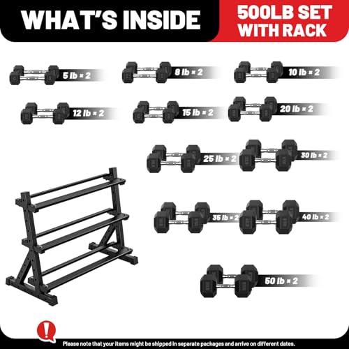 PAPABABE Hex Dumbbell Set with Rack, Rubber Encased Free Weight with Weight Storage Racks, Multiple Weight Options for Home Gym and Fitness - style: 500LB with 3-Tier Weight Rack