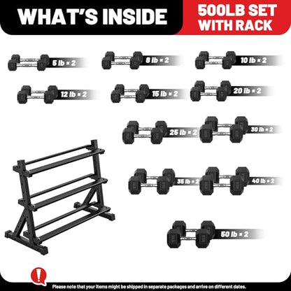 PAPABABE Hex Dumbbell Set with Rack, Rubber Encased Free Weight with Weight Storage Racks, Multiple Weight Options for Home Gym and Fitness - style: 500LB with 3-Tier Weight Rack