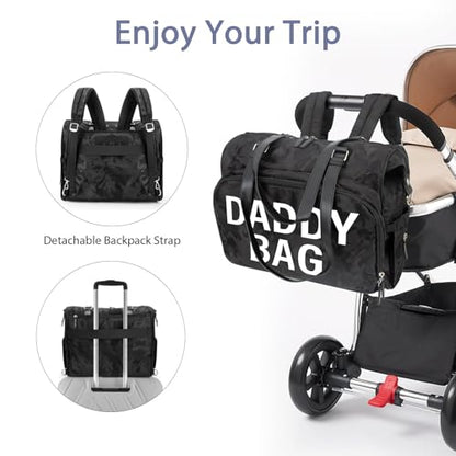 4 in 1 Convertible Daddy Bag Backpack, Camo Black Diaper Backpack for Dad and Mom, Father's Bag for Hospital with DADDY Imprint, Baby Care Diaper Backpack & Tote with 14 Pockets - color: Camo Black Daddy Bag