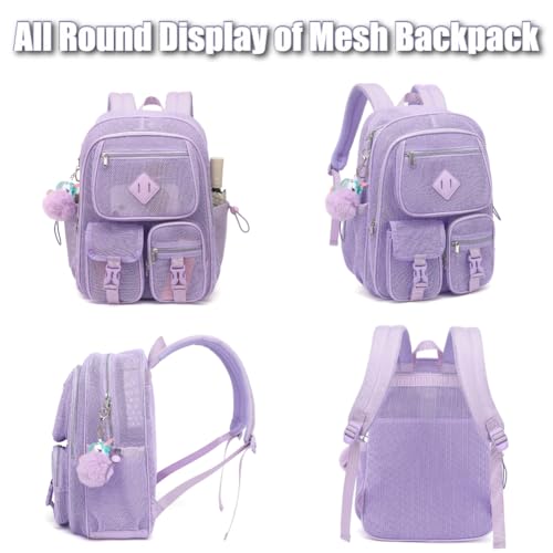 Mesh Backpack for Girls Boys, Heavy Duty Semi-Transparent Mesh Bookbag Womens Mens Mesh Backpacks for School, Sports, Beach, Swimming, Travel Purple - color: Purple