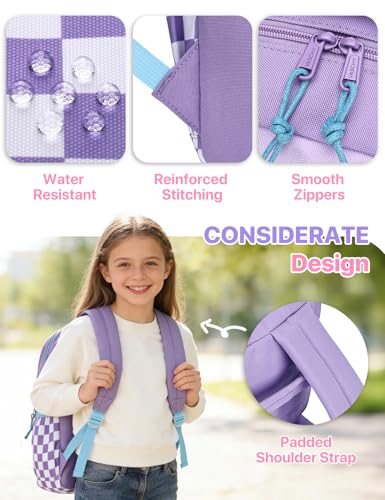 VASCHY School Backpack, Lightweight Classic Cute Aesthetic Bookbag Daypack for Teen Girls Traveling/Gym/Middle School Black Lavender Plaid - color: Lavender Plaid-l, size: Large-17in