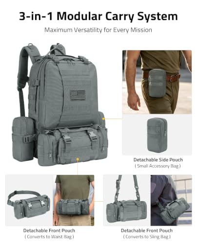 CVLIFE Tactical Backpack Military Army Rucksack 60L Large Assault Pack Detachable Molle Bag, Grey - color: Grey