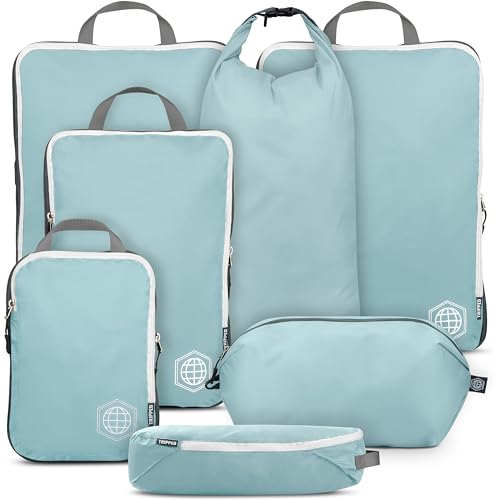 Large Compression Packing Cubes for Travel-Packing Cube Luggage Organizers 7 Piece Set for Checked Luggage-Ultralight, Expandable/Compression Bags by TRIPPED Travel Gear (DustyTeal/White) - color: DustyTeal/White
