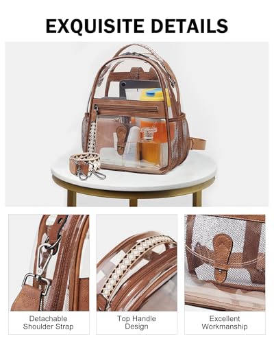 FADEON Clear Small Backpack Purse for Women, Designer Transparent Shoulder Handbag, PVC Mini Clear Bag for Stadium Approved - color: 1-brown Retro Style