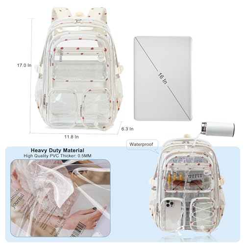 Hidds Clear Backpack for Girls Women Transparent Heavy Duty Bookbag Kids See Through Bag College Backpacks School (Beige Strawberry) - color: Beige Strawberry