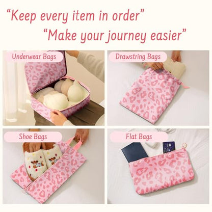 9 Set Packing Cubes for Travel Essentials - Lightweight Carry-On Luggage Organizer Bags with Shoe, Clothes & Laundry Bags for Airplane, Family & Business Travel, Pink leopard print - color: Pink leopard print