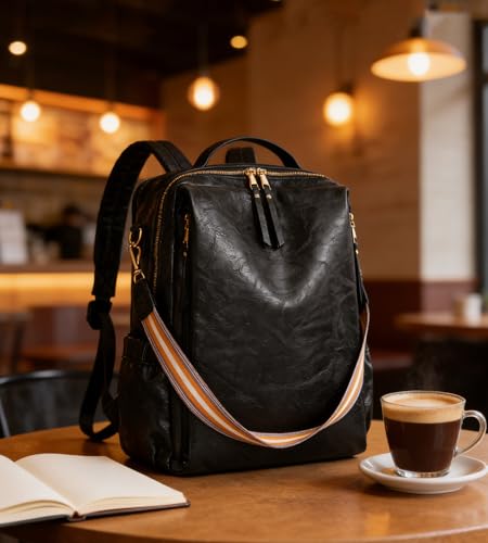 myfriday PU Leather Large Backpack Purse for Women Casual Travel Backpack Convertible Satchel Handbags With Luggage Strap (Black) - color: Black