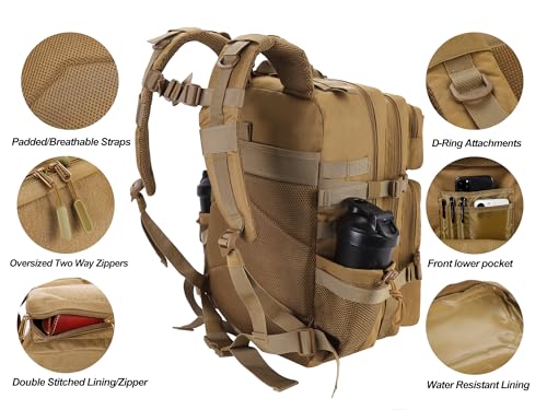LHI Military Tactical Backpack for Men and Women 45L Army 3 Days Assault Pack Bag Large Rucksack with Molle System - color: 3.3 Khaki