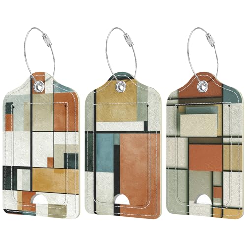 Rimilak 3 Pcs PU Leather Luggage Tags for Suitcase, Travel Cruise Luggage Tag with Privacy Flap, Name ID Label and Metal Loop for Women Men Baggage Handbag School Bag Backpack, Geometric - color: Geometric