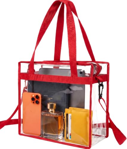 Handy Laundry Clear Bag 12x6x12 Stadium Approved - Transparent Tote Zippered Top & Shoulder Straps for Work, Sports, Concerts - color: Red
