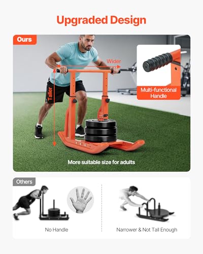 VEVOR Football Sleds and Chutes, Weight Sled, Football Training Pull Push Running Sled, Fitness Workout Sled Push Gym Equipment, Adjustable Height Handle, Compatible 1/2 in Weight Plates - style: T-Handle Orange