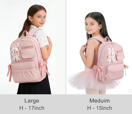 Kids School Backpack for Girls Cute Kawaii Bookbag with Bows - color: Pink, size: Large (17"h)