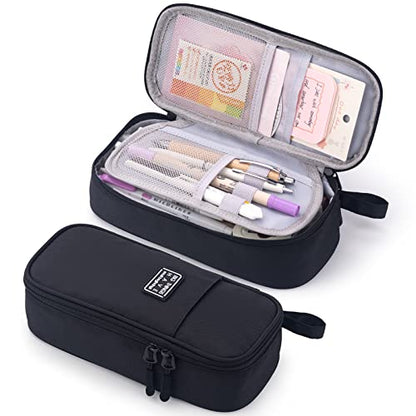 CICIMELON Durable Pen Pencil Case for School Supplies, High Capacity Pencil Bag Pouch Organizer for Teen Girls Boys Adults, Black - color: Black
