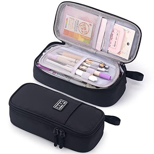 CICIMELON Durable Pen Pencil Case for School Supplies, High Capacity Pencil Bag Pouch Organizer for Teen Girls Boys Adults, Black - color: Black
