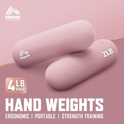 RBX 4LB Pair Neoprene Hand Weight Bars, Ergonomic Pill Shape Weights, Non-Slip Grip, Balanced Design for Controlled Workouts, Includes Mesh Storage Bag, Home Exercise Equipment - color: Pink