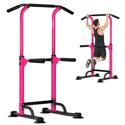 DlandHome Power Tower Pull Up Dip Station Multi-Function Fitness Equipment for Strength Training Adjustable Height Dip Stand for Home Gym - color: Pink