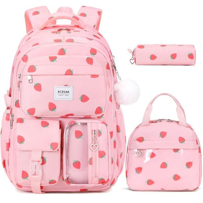 ACESAK Backpack for Girls - Girls Backpack with Lunch Bag & Pencil Pouch for Teen Kids Laptop Backpack for Women, Elementary Middle High School Bookbag Travel Daypack (Pink Strawberry) - color: Pink Strawberry