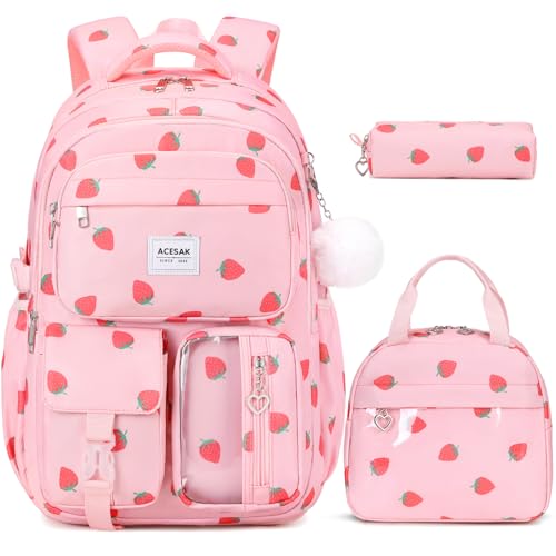 ACESAK Backpack for Girls - Girls Backpack with Lunch Bag & Pencil Pouch for Teen Kids Laptop Backpack for Women, Elementary Middle High School Bookbag Travel Daypack (Pink Strawberry) - color: Pink Strawberry