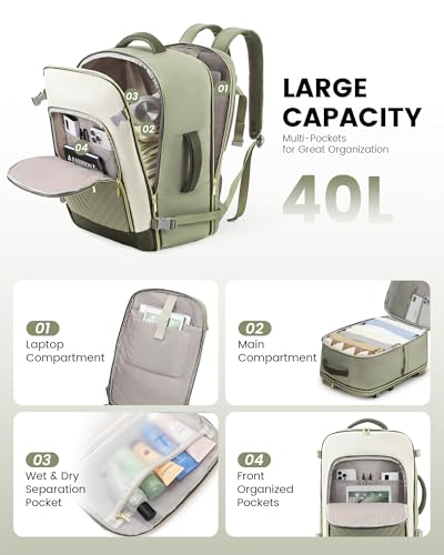 LOVEVOOK Large Travel Backpack for Women, TSA Carry on Backpack for Airplanes, 40L Personal Item Travel Bag for Women fits 17" Laptop,Waterproof Carry on Bag Airplane Approved with 3 Packing Cubes - color: Bean Green - Light Yellow - Dark Olive Green, siz