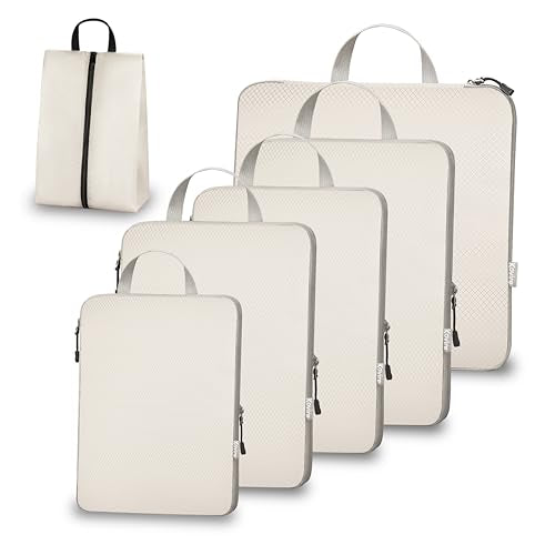 6 Set Compression Packing Cubes for Travel Expandable Packing Organizer Bag | Water-Resistant Suitcase Bags with Shoe Bag, Ultralight Storage Travel Bags for Carry-on Luggage, S M L XL Sizes, Apricot - color: Apricot, size: Set of 6