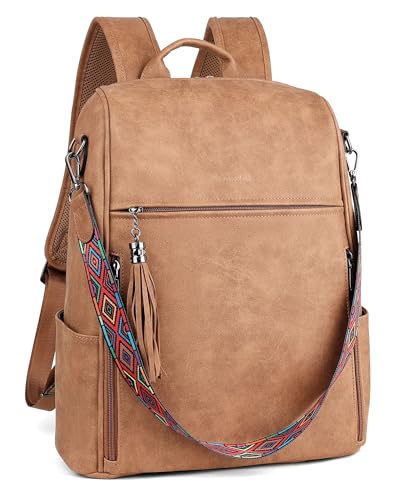 FADEON Leather Laptop Backpack for Women Designer 15.6 inch PU Laptop Bag, Ladies Travel Computer Work Backpack Brown - color: Camel Brown Suede Style