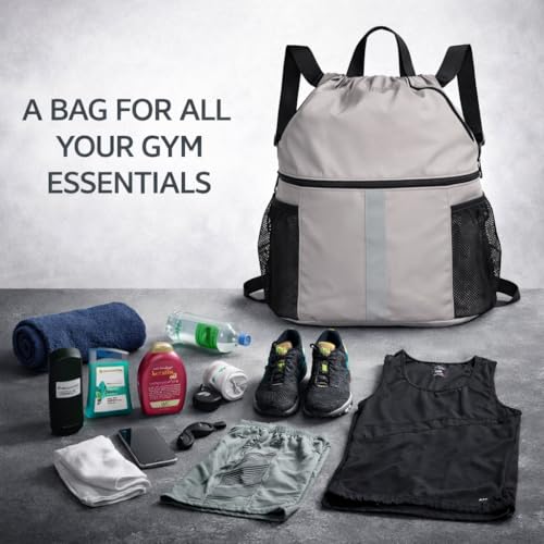 PPZ Drawstring Sports Backpack with Side Mesh Pockets, Lightweight Gym & Travel Bag with Water Bottle Holders for Fitness, Outdoor Activities and Daily Use – Gray