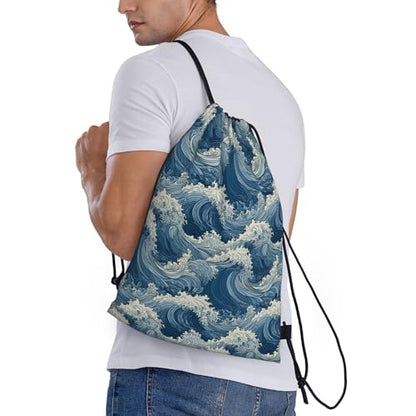 Gianlaima Japanese Blue Sea Waves Drawstring Backpack Sport Gym Sack Yoga Dance Travel Bag For Men Women - color: Black18