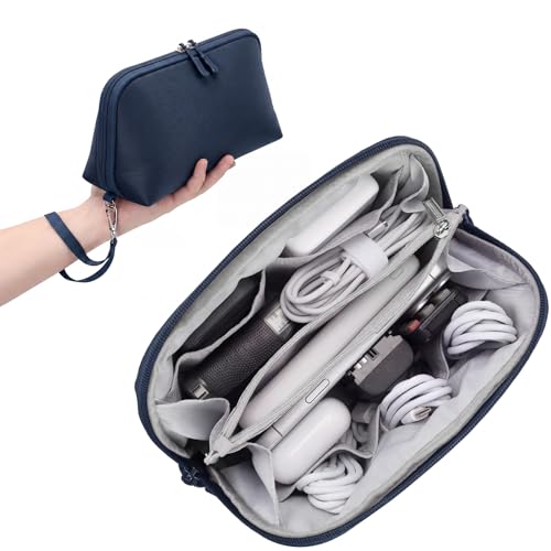 FYY Travel Cable Organizer - 8 Compartments Lightweight Water Resistant Tech Pouch with Wrist Strap, Portable Electronic Accessories Case for Cord Charger Storage for Travel Home Office Navy (Large) - color: Navy, style: L