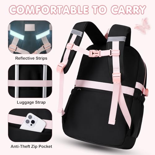 GeeWin Girls Backpack for School with Lunch Box & Pencil Case Set, 17 Inch Waterproof Cute Bow Girls Bookbag for Kids, Teens, Elementary Middle High College School Student (Black/Pink) - color: Black Pink