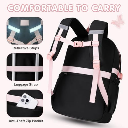 GeeWin Girls Backpack for School with Lunch Box & Pencil Case Set, 17 Inch Waterproof Cute Bow Girls Bookbag for Kids, Teens, Elementary Middle High College School Student (Black/Pink) - color: Black Pink