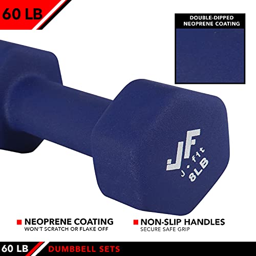 JFIT Dumbbell Pairs or Sets – Neoprene & Vinyl Coated Hand Weights for Home Gym, Strength Training, Aerobics, Cardio Exercise and Fitness - size: 60 lbs (Set), style: Dumbbell Set with Rack