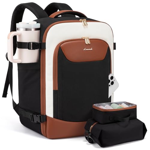 LOVEVOOK 40L Travel Backpack for Women Men, Large Carry on Backpack for Airplanes TSA Personal Item Travel Bag fits 15.6" Laptop, Waterproof Weekender Essentials Airline Approved with 2 Packing Cubes - color: Black-beige-brown, size: 40L-3Pcs
