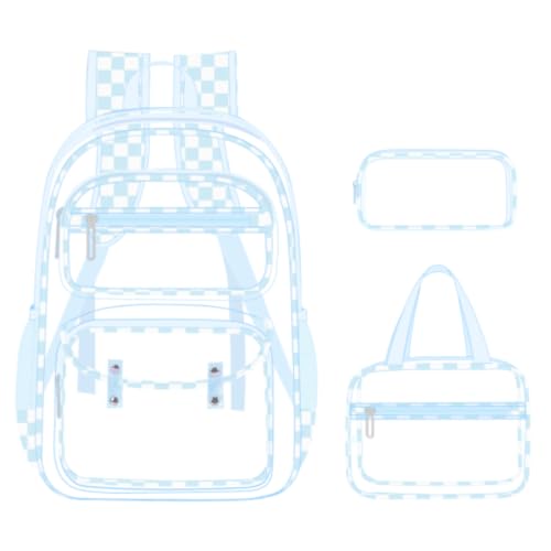 ACESAK Clear Backpack for Girls - 3 Pcs Clear Backpack Heavy Duty with Lunch Bag - See Through Bookbag Stadium Approved for Kids Middle High College School(Blue Checkerboard) - color: Blue Checkerboard