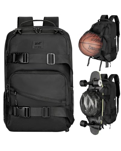 WOLT Skateboard Backpack, 15.6 Inch Laptop Backpack for Men Women, Sports Backpack with Ball Holder - color: Black