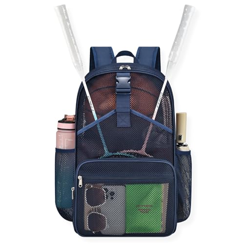 Metaverse Mesh Sports Backpack 20 Inch with Racket Holder for Men Women, Large Travel Gym Beach Backpack with Water Bottle Pockets - color: Navy