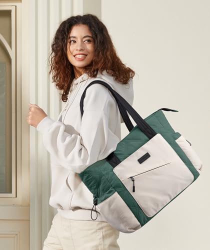 LOVEVOOK Tote Bag for Women, puffer tote bag for Work Travel Nurse, Lightweight quilted Bags with Compartments - color: M-15.6 Inch-celadon-beige-black