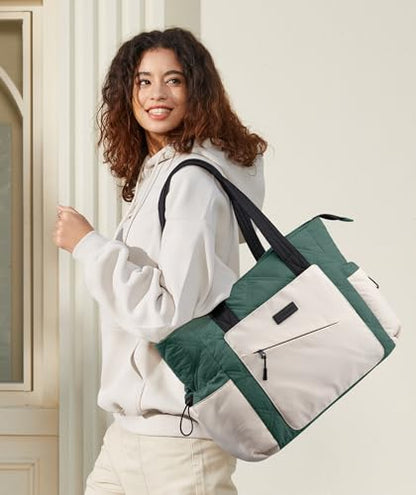 LOVEVOOK Tote Bag for Women, puffer tote bag for Work Travel Nurse, Lightweight quilted Bags with Compartments - color: M-15.6 Inch-celadon-beige-black