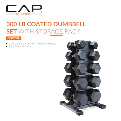 CAP Dumbbell Set with Rack, Rubber Coated Hex Free Weight Set | 100–300 lb Options, Vertical Space-Saving Storage for Home Gym Strength Training - size: 300 lb Set - Black Rack, style: Chrome Handle
