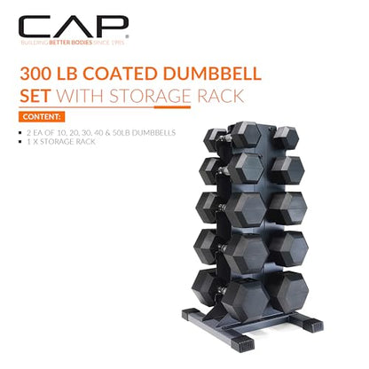 CAP Dumbbell Set with Rack, Rubber Coated Hex Free Weight Set | 100–300 lb Options, Vertical Space-Saving Storage for Home Gym Strength Training - size: 300 lb Set - Black Rack, style: Chrome Handle