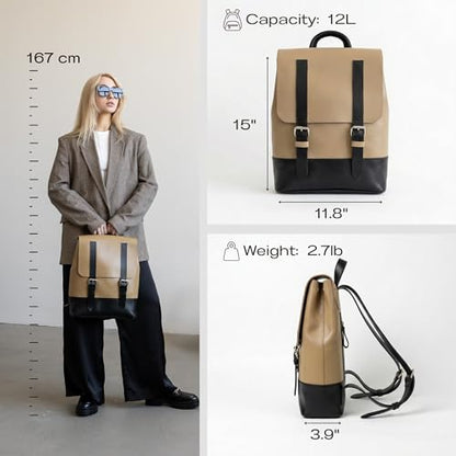 Leather Backpack - Spacious Minimalist Daypack with Adjustable Shoulder Straps and Flap Buckle Closure - Durable Everyday Work Carry 15x11.8x3.9 Cappuccino Black - color: Cappuccino Black