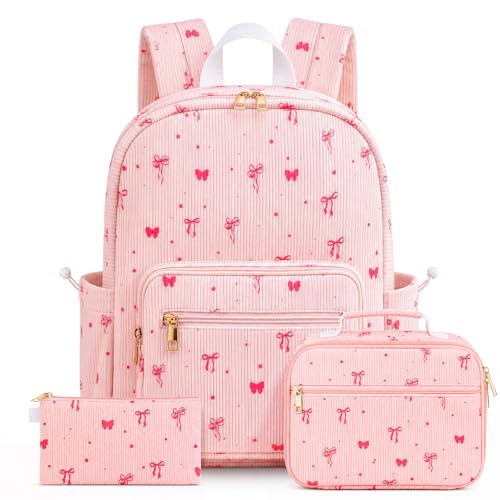 Corduroy Girls Backpack Set，Cute School Backpack for Teens Girls Kids Bookbags for Elementary High School Women Laptop Bags Daypacks Set With Lunch Bag and Pencil Case (Pink Bow, 3 Set) - color: Pink Bow, size: 3 Set