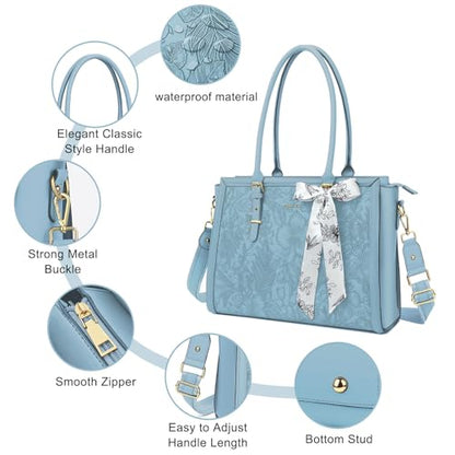 MOSISO Laptop Bag for Women, 17-17.3 inch PU Leather Tote Bag Compatible with MacBook, HP, Dell, Asus Notebook, Front Embossed Retro Hibiscus Computer Bags with Silk Scarf&Clutch Purse, Air Blue - color: Air Blue, size: 17.3 inch