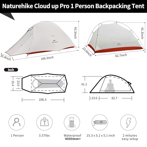 Naturehike Cloud Up 1 Person Tent, Lightweight Backpacking Tents for One Man, Waterproof Ultralight One Person Tent for Camping Hiking Backpacking - color: Gray
